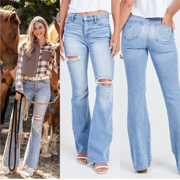 Altar'd State Galveston Light Wash High Rise Distressed Flare Bell Bottom Jeans - Picture 1 of 4